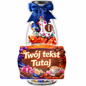 Prezent na Dzień Mamy - personalizowana butelka z czekoladkami Malaga, Tiki-Taki i Kasztanki na prezent dla Mamy i Dzień Matki
