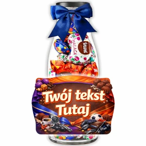 Prezent dla chłopaka – personalizowana butelka na Dzień Chłopaka z czekoladkami Malaga Tiki-Taki i Kasztanki. Prezent dla mężczyzny