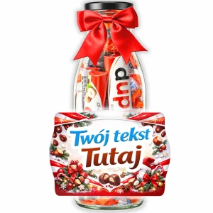 Prezent na Święta – personalizowana świąteczna butelka ze słodyczami Kinder Schoko Bons i Kinder Duplo na prezent pod choinkę