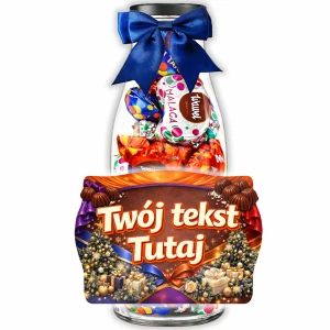 Prezent na Święta – personalizowana świąteczna butelka ze słodyczami Malaga Tiki-Taki i Kasztanki na prezent pod choinkę