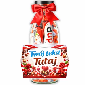 Prezent na walentynki dla niej i dla niego – personalizowana butelka ze słodyczami Kinder Schoko Bons i Duplo dla dziewczyny i chłopaka