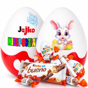 Personalizowane Jajko Niespodzianka XXL z imieniem. Na Wielkanoc, dla dzieci i dorosłych. Słodki prezent wielkanocny na zajączka, ze słodyczami Kinder