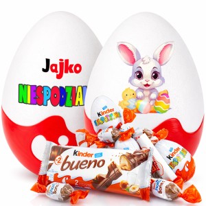 Wielkie Jajko Niespodzianka XXL na Wielkanoc dla dzieci i dorosłych. Słodki prezent wielkanocny na zajączka, ze słodyczami Kinder, max.