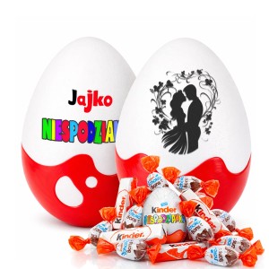 Słodki prezent na ślub i rocznicę ślubu - Ślubna Niespodzianka XL 20cm ze słodyczami Kinder. Oryginalny prezent na wesele i ciekawa pamiątka ślubu.