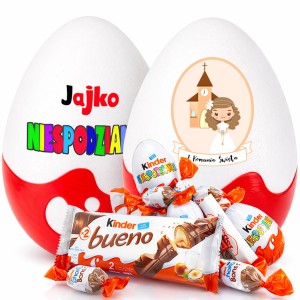 Jajko Komunijna Niespodzianka XXL prezent, pudełko na pierwszą komunię świętą dla dziewczynki, ze słodyczami Kinder. Nietypowy, oryginalny upominek.