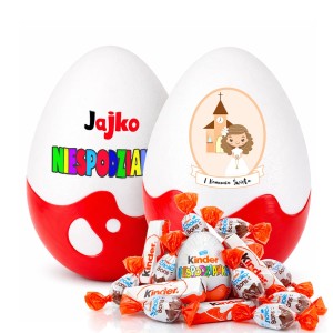 Jajko Komunijna Niespodzianka XL prezent, pudełko na pierwszą komunię świętą dla dziewczynki, ze słodyczami Kinder. Nietypowy, oryginalny upominek.