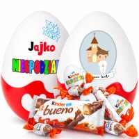 Jajko Komunijna Niespodzianka XXL Personalizowany prezent, pudełko z imieniem na pierwszą komunię świętą dla chłopca, ze słodyczami Kinder. 
