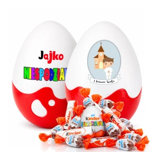 Jajko Komunijna Niespodzianka XL prezent, pudełko na pierwszą komunię świętą dla chłopca, ze słodyczami Kinder. Nietypowy, oryginalny upominek.