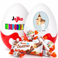 Jajko Komunijna Niespodzianka XXL prezent, pudełko na pierwszą komunię świętą dla chłopca, ze słodyczami Kinder. Nietypowy, oryginalny upominek.