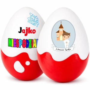 Jajko Komunijna Niespodzianka XXL Personalizowany prezent, pudełko z imieniem na pierwszą komunię świętą. Drobny, nietypowy upominek dla chłopca.
