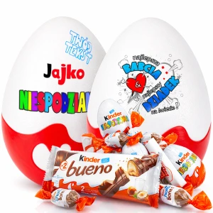 Kosz prezentowy dla Babci i Dziadka personalizowany Jajko Niespodzianka XXL ze słodyczami.  Prezent, czekolada dla Babci i Dziadka na święta rocznicę